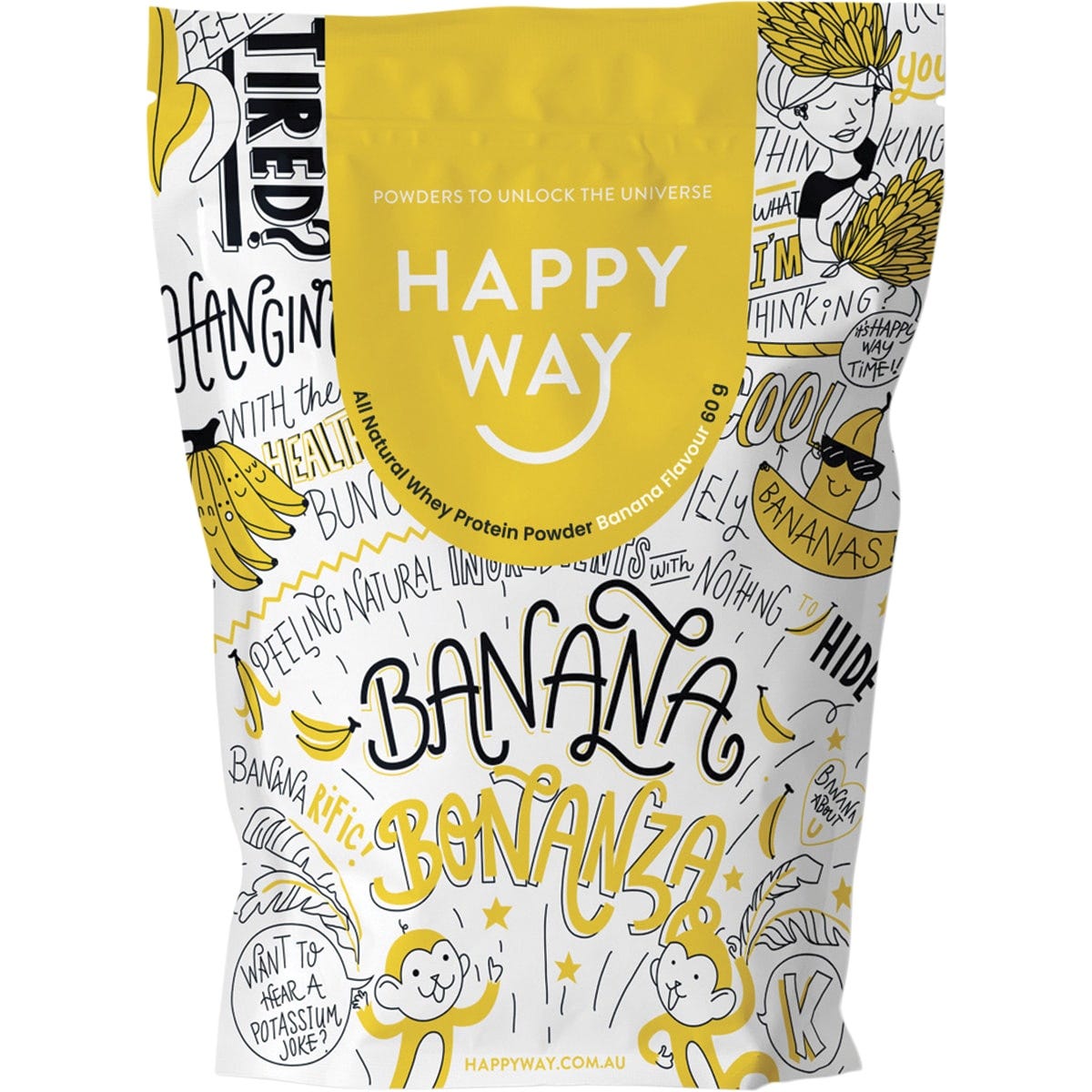 Six 60g sachets of Happy Way Banana Whey Protein Powder in a white box with banana and leaf illustrations.
