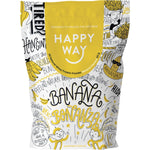 Six 60g sachets of Happy Way Banana Whey Protein Powder in a white box with banana and leaf illustrations.