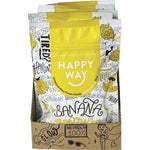 Back of Happy Way Banana Whey Protein 60g sachet with nutritional info, ingredients, and preparation instructions.