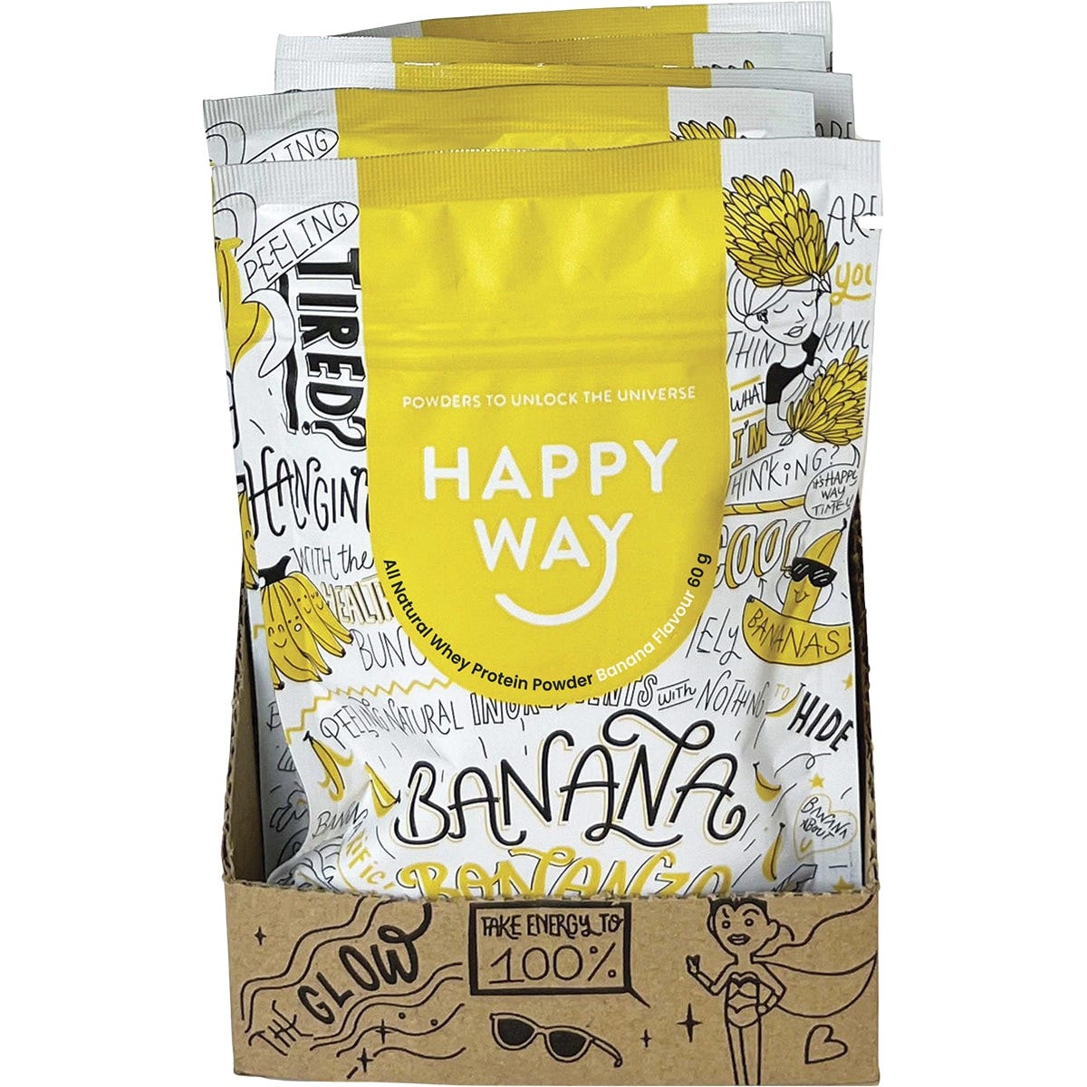 Back of Happy Way Banana Whey Protein 60g sachet with nutritional info, ingredients, and preparation instructions.