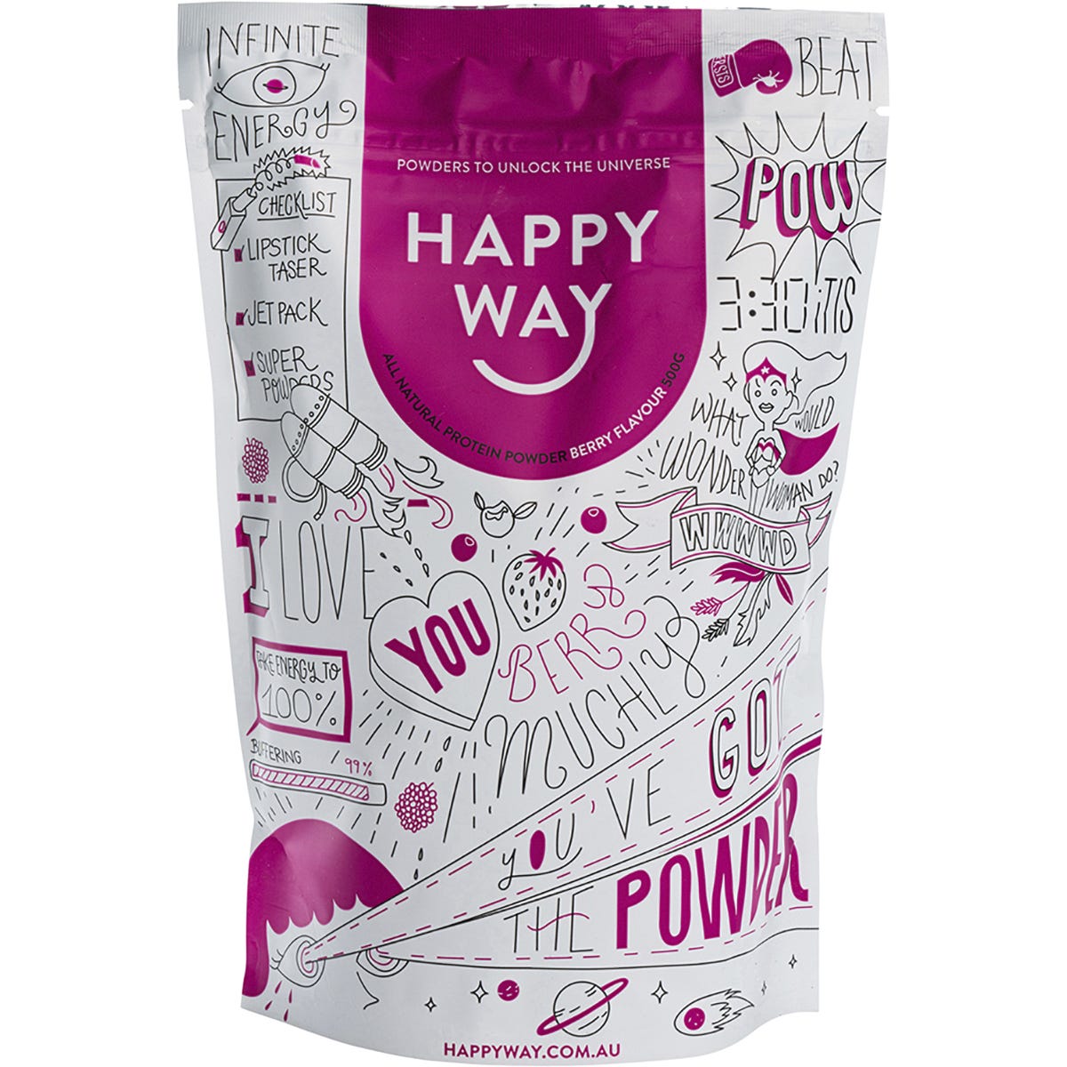 500g pouch of Happy Way Berry Whey Protein Powder with illustrations of acai and maqui berries on a pink label.