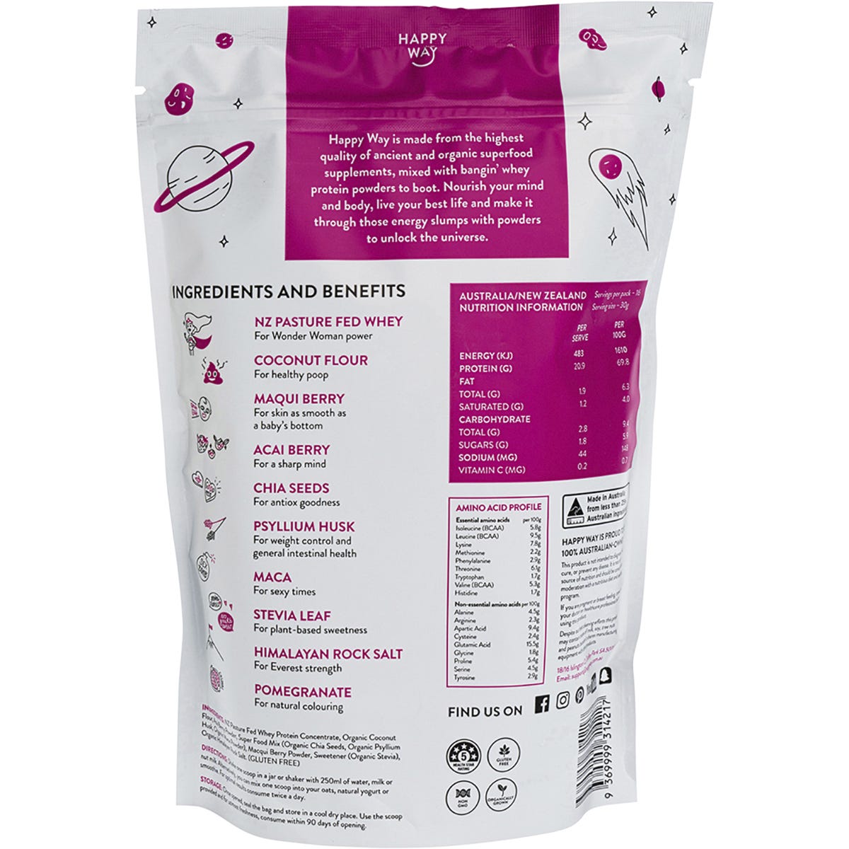 Back of a 500g pouch of Happy Way Berry Whey Protein Powder showing nutritional information and ingredients.