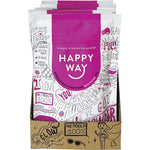 Back of Happy Way Berry Whey Protein 60g pouch with nutrition facts, ingredients, and directions.