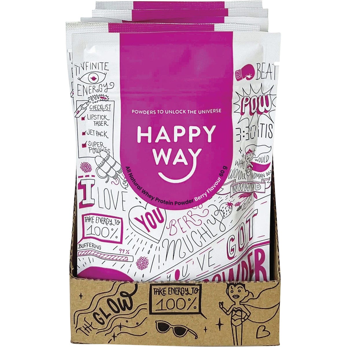 Back of Happy Way Berry Whey Protein 60g pouch with nutrition facts, ingredients, and directions.