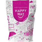 Six 60g pouches of Happy Way Berry Whey Protein Powder with pink labels and berry illustrations.
