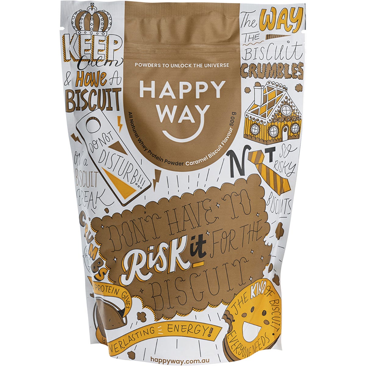 500g pouch of Happy Way Caramel Biscuit Whey Protein Powder with illustrations of biscuits and caramel swirls.