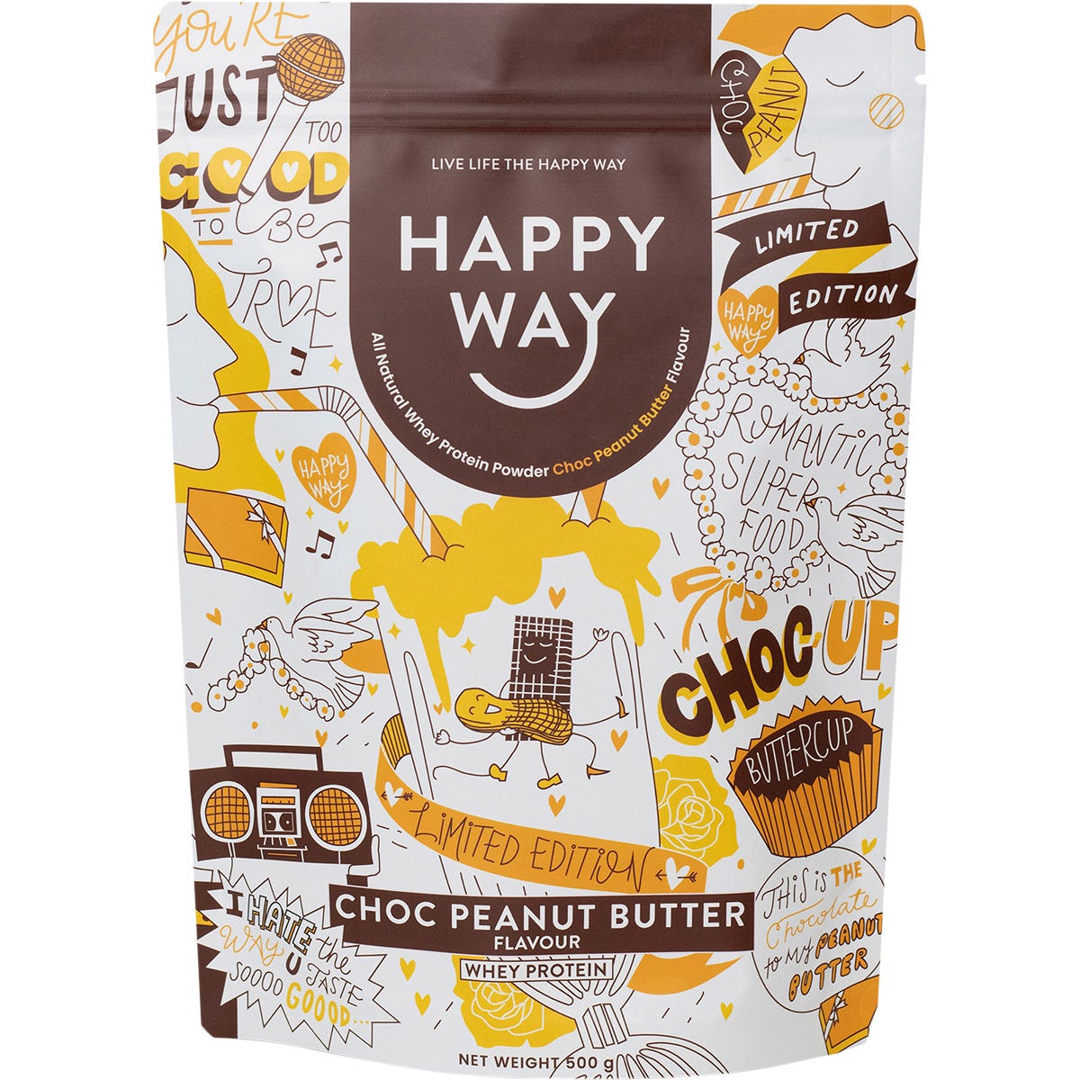 500g tub of Happy Way Choc Peanut Butter Whey Protein featuring a light blue label with chocolate and peanut graphics.