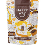 500g tub of Happy Way Choc Peanut Butter Whey Protein featuring a light blue label with chocolate and peanut graphics.