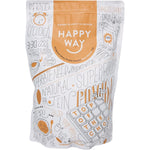 1kg tub of Happy Way Chocolate Whey Protein Powder with a brown label and organic cacao illustrations.