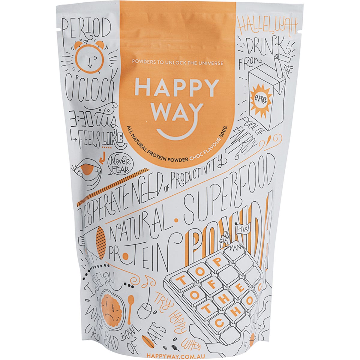 500g pouch of Happy Way Chocolate Whey Protein Powder featuring a scoop of cocoa and a chocolate splash.