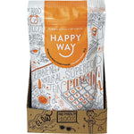 Back of a Happy Way Chocolate Whey Protein 60g sachet showing nutrition facts, ingredients, and preparation instructions.