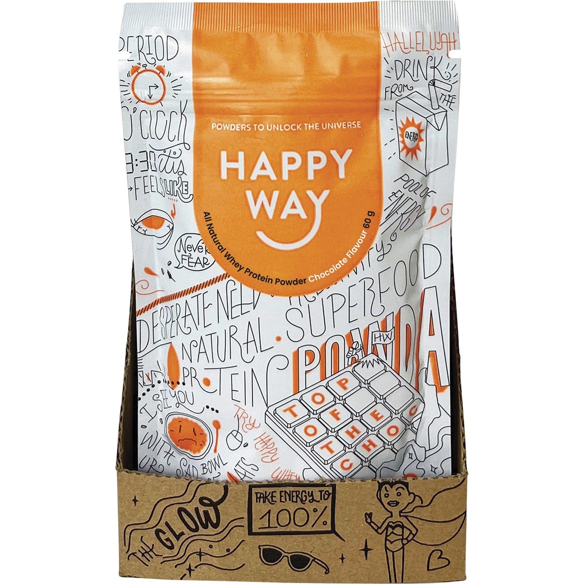 Back of a Happy Way Chocolate Whey Protein 60g sachet showing nutrition facts, ingredients, and preparation instructions.