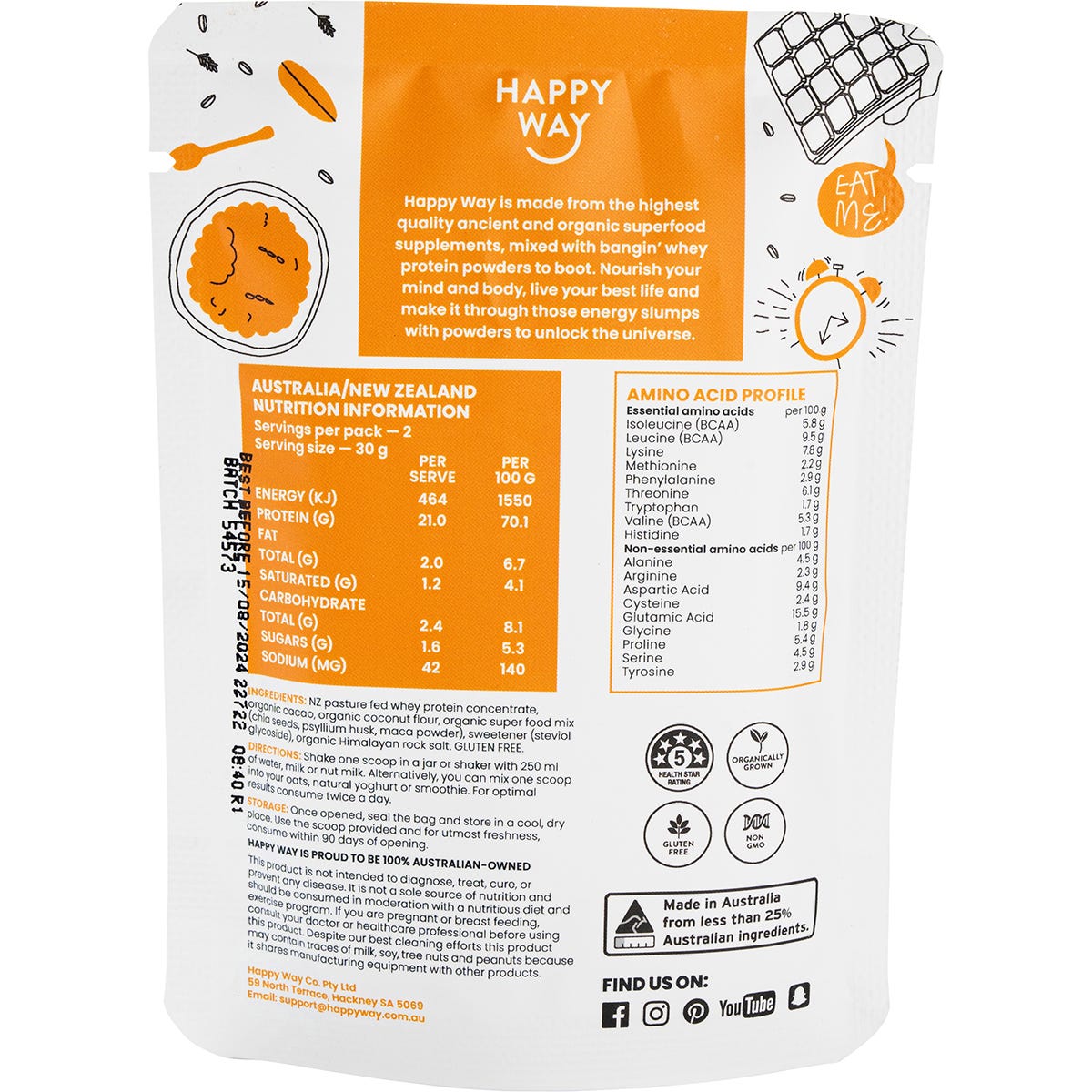 Single 60g sachet of Happy Way Chocolate Whey Protein Powder featuring organic cacao and superfoods.
