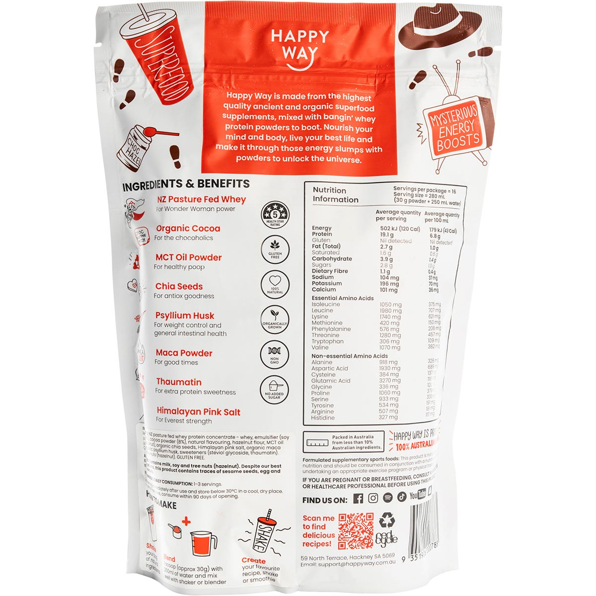500g pouch of Happy Way Chocolate Hazelnut Whey Protein Powder on a plain white background.