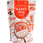 500g pouch of Happy Way Chocolate Hazelnut Whey Protein Powder with a scoop and cocoa powder on a white background.