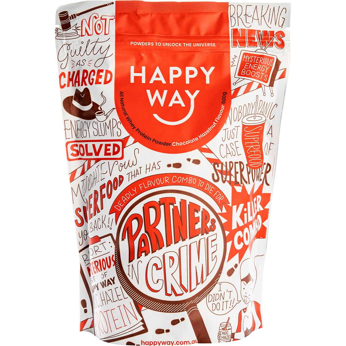 500g pouch of Happy Way Chocolate Hazelnut Whey Protein Powder with a scoop and cocoa powder on a white background.