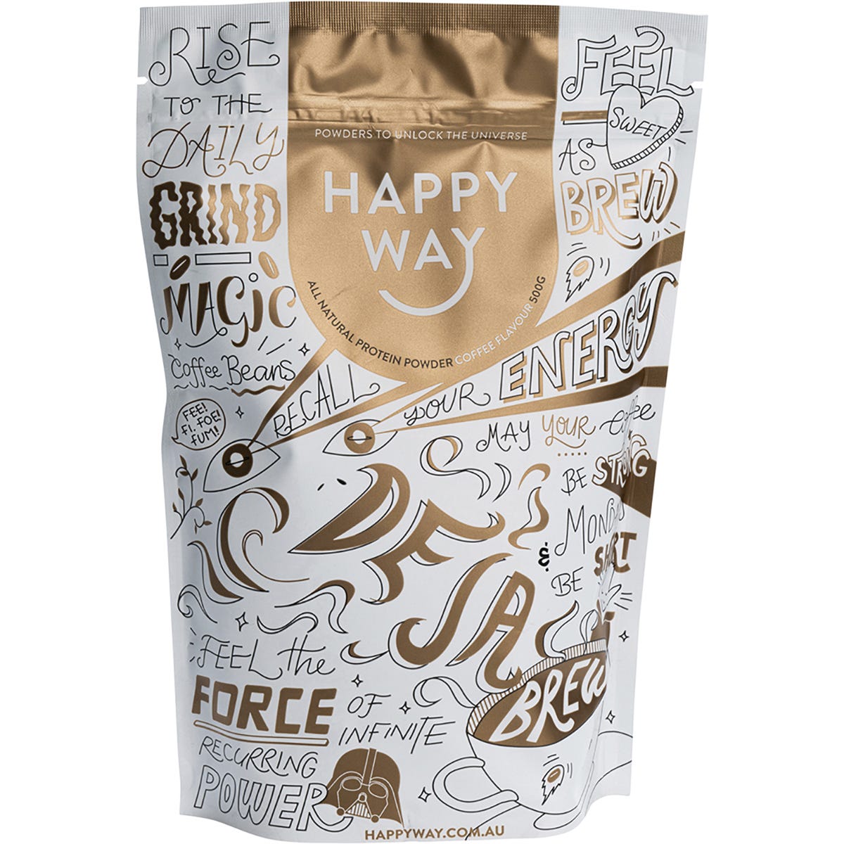 500g bag of Happy Way Coffee Whey Protein Powder featuring a coffee bean illustration on a white and brown label.