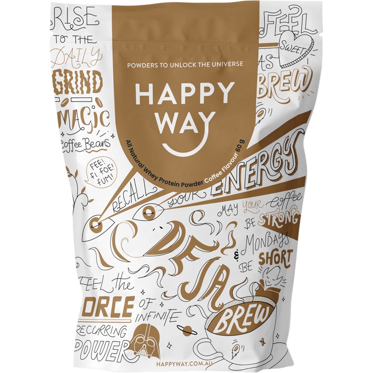 Six 60g sachets of Happy Way Coffee Whey Protein Powder with coffee bean illustrations on a white background.