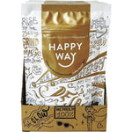 Back of Happy Way Coffee Whey Protein sachet showing nutrition facts, ingredients, and brewing instructions.