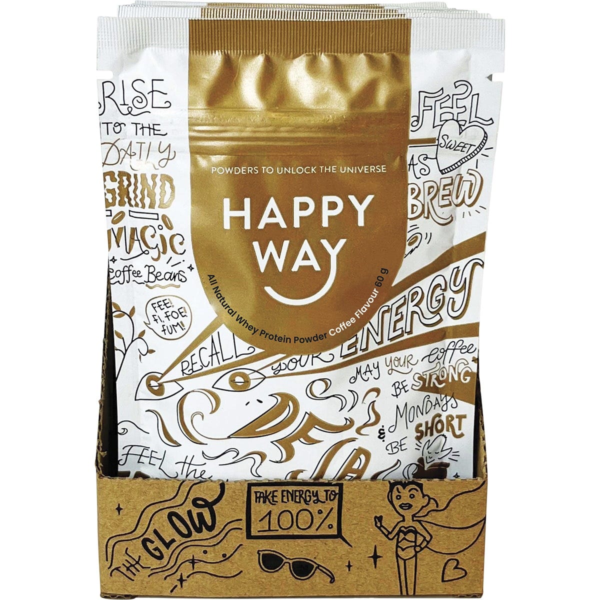 Back of Happy Way Coffee Whey Protein sachet showing nutrition facts, ingredients, and brewing instructions.