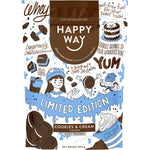 500g pouch of Happy Way Cookies and Cream Whey Protein Powder with a light blue and white illustrated label.