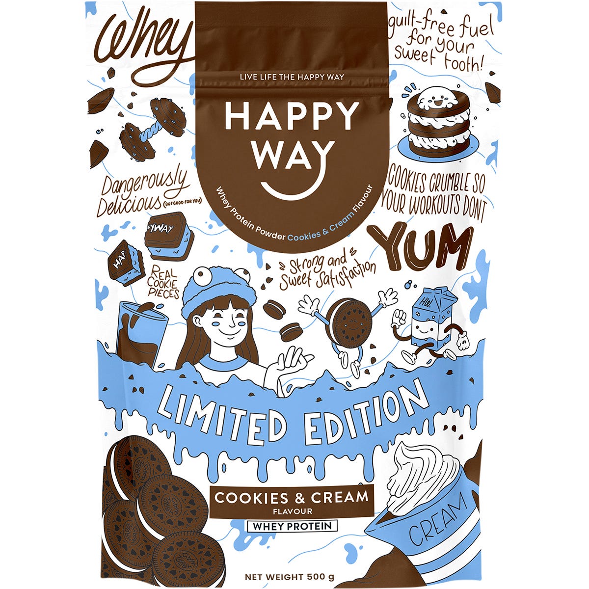 500g pouch of Happy Way Cookies and Cream Whey Protein Powder with a light blue and white illustrated label.