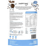 Back of a 500g pouch of Happy Way Cookies & Cream Whey Protein Powder with nutrition and ingredient information.