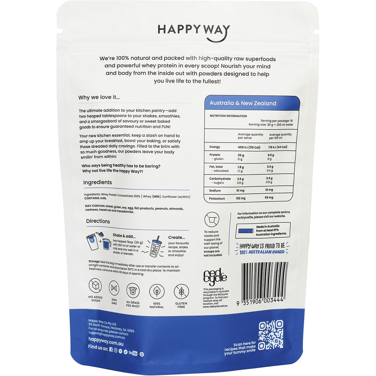 Happy Way Flavourless Whey Protein 500g tub with a white and blue label, shown from a side angle on a white background.