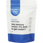 500g tub of Happy Way Flavourless Whey Protein Powder with a white and blue label on a white background.