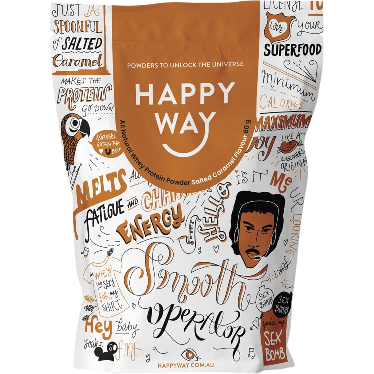 Six 60g sachets of Happy Way Salted Caramel Whey Protein Powder.