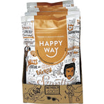 Side view of Happy Way Salted Caramel Whey Protein 60g sachet highlighting natural ingredients and benefits.