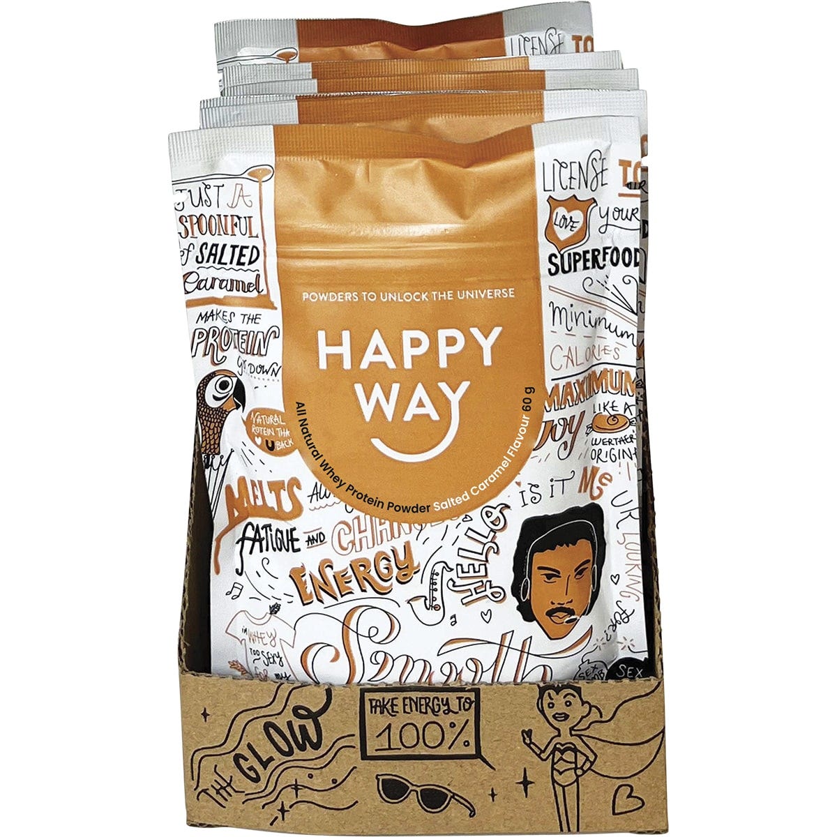 Side view of Happy Way Salted Caramel Whey Protein 60g sachet highlighting natural ingredients and benefits.