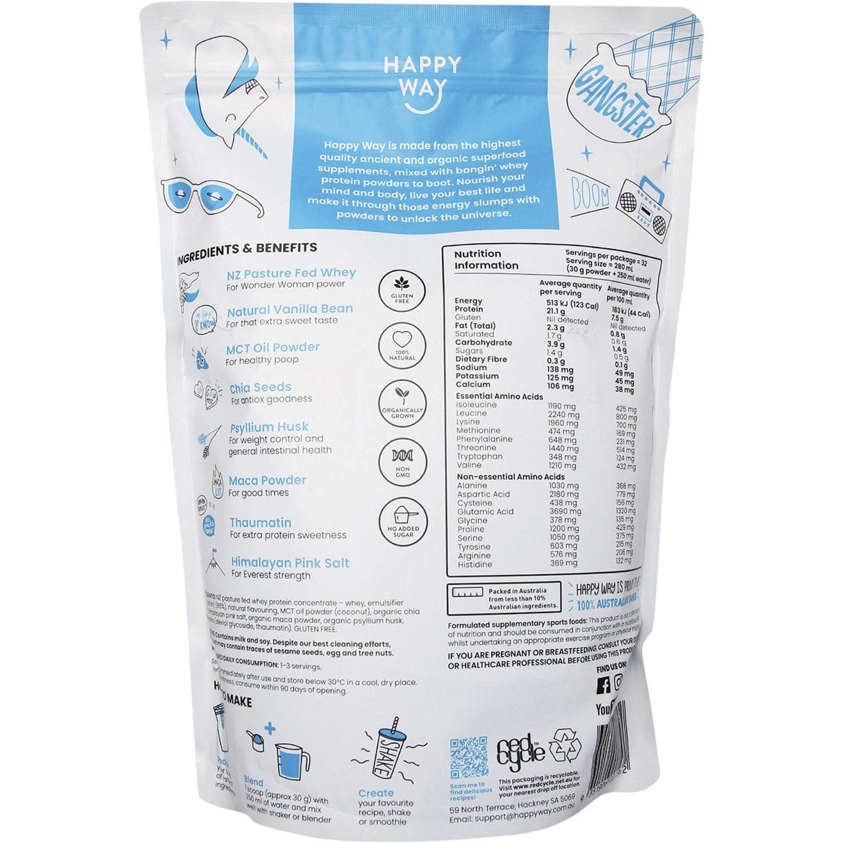 Back view of Happy Way Vanilla Whey Protein Powder 1kg bag showing nutritional information and ingredients.