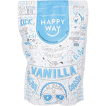 Happy Way Vanilla Whey Protein Powder 1kg bag with a white and yellow label on a white background.