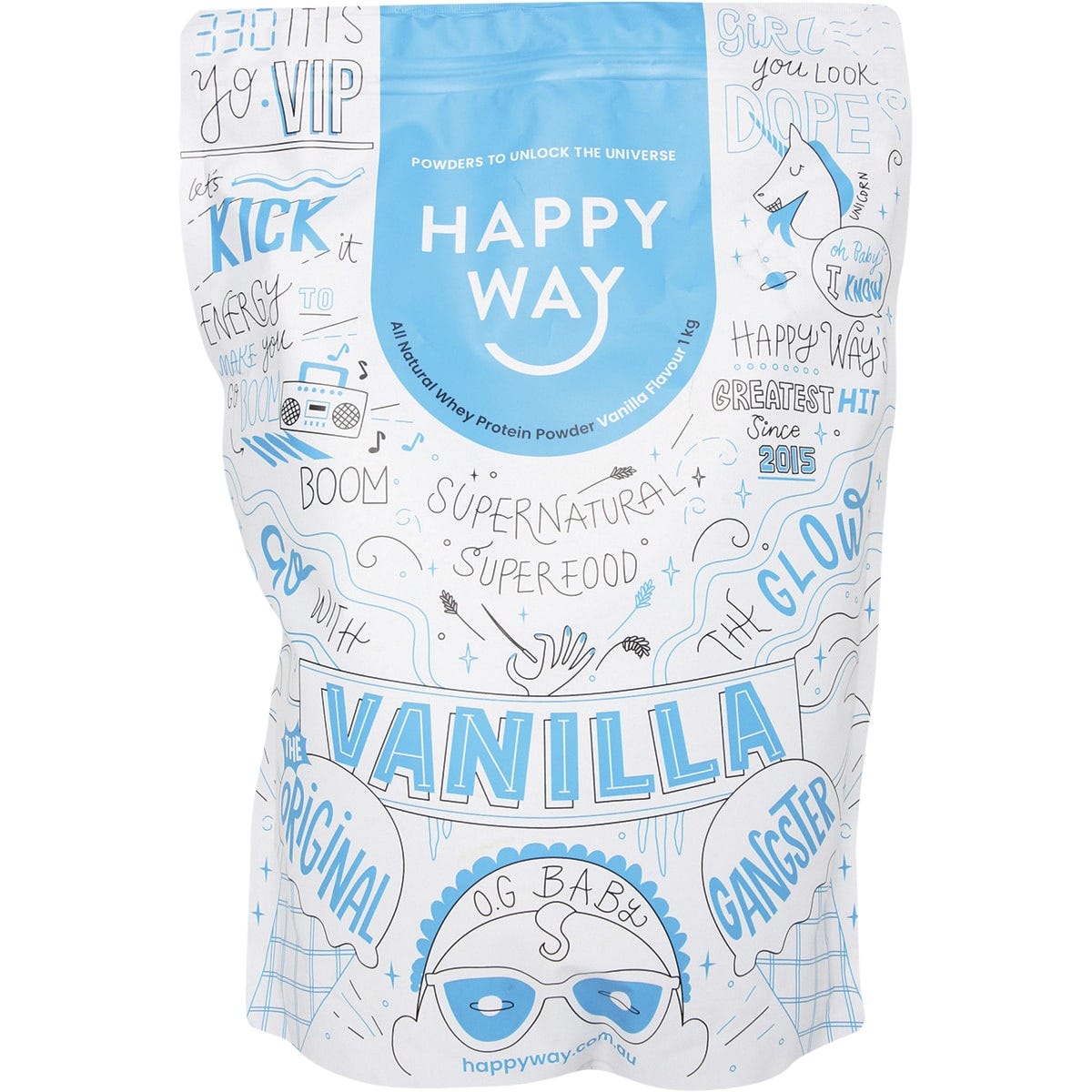 Happy Way Vanilla Whey Protein Powder 1kg bag with a white and yellow label on a white background.