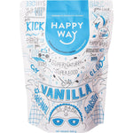 500g pouch of Happy Way Vanilla Whey Protein Powder with a scoop and vanilla flower illustration on a white background.