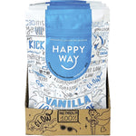 Back of a Happy Way Vanilla Whey Protein 60g pouch with nutritional facts, ingredients, and directions.