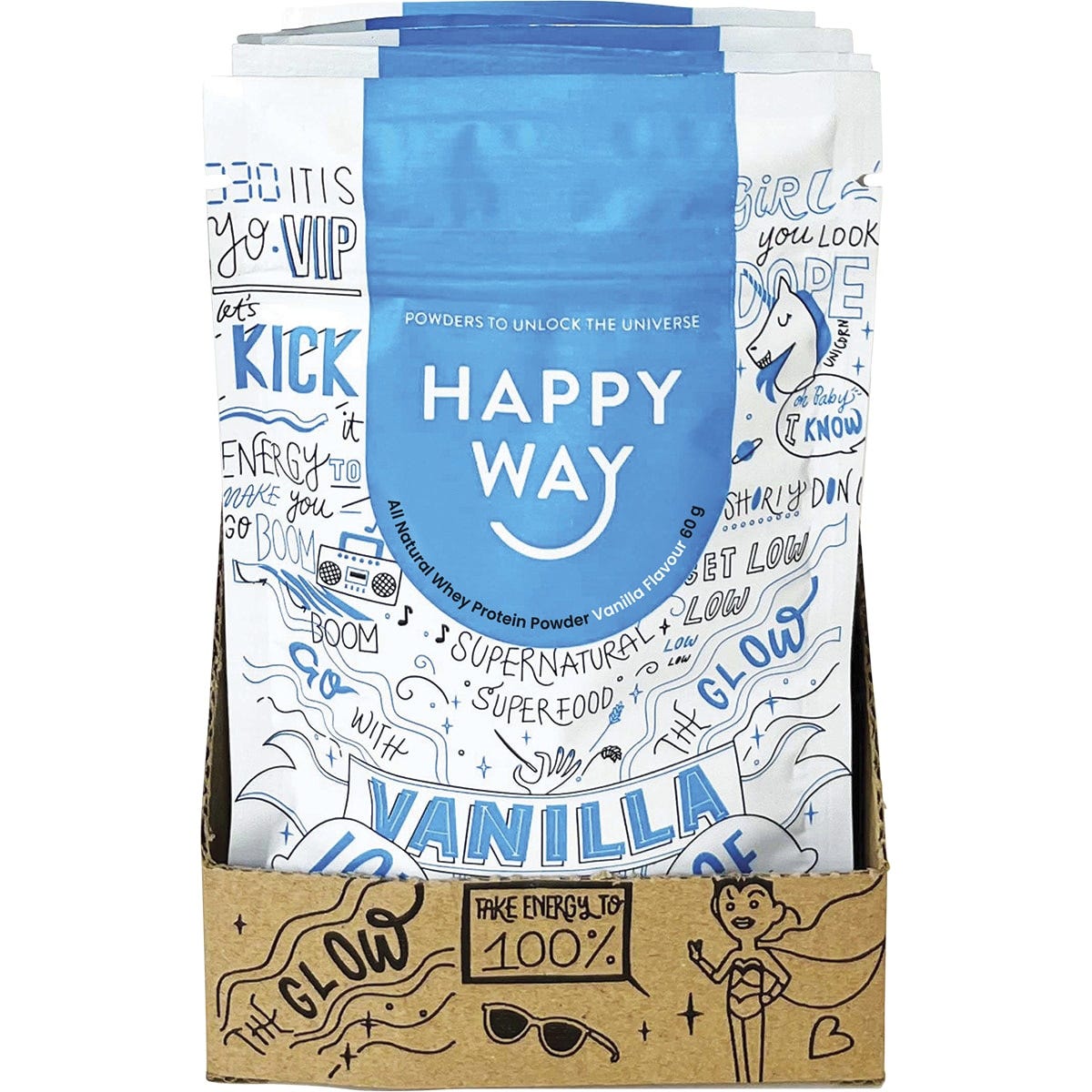 Back of a Happy Way Vanilla Whey Protein 60g pouch with nutritional facts, ingredients, and directions.