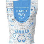 Six 60g pouches of Happy Way Vanilla Whey Protein Powder with a scoop and vanilla beans on a white background.
