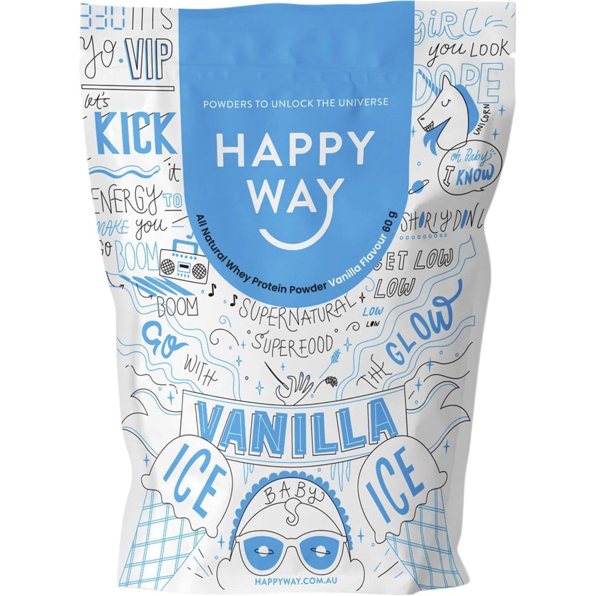 Six 60g pouches of Happy Way Vanilla Whey Protein Powder with a scoop and vanilla beans on a white background.