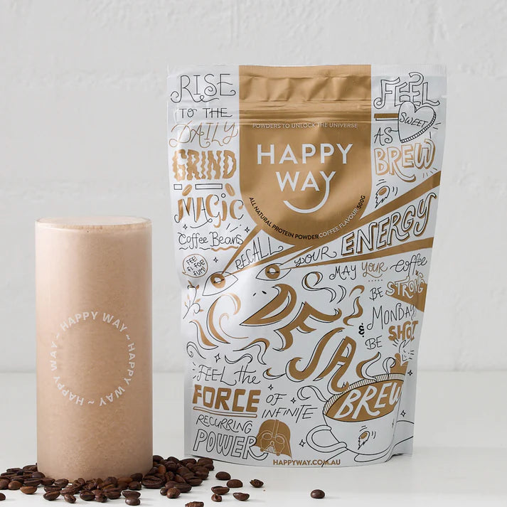 1kg bag of Happy Way Deja Brew Coffee Whey Protein Powder featuring a coffee bean design on a white background.