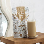 A bag of Happy Way Deja Brew Coffee Whey Protein Powder 1kg with coffee bean illustrations.