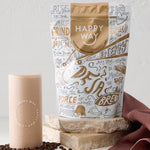 Back of Happy Way Coffee Whey Protein 1kg bag showing storage instructions, warnings, and seller information.