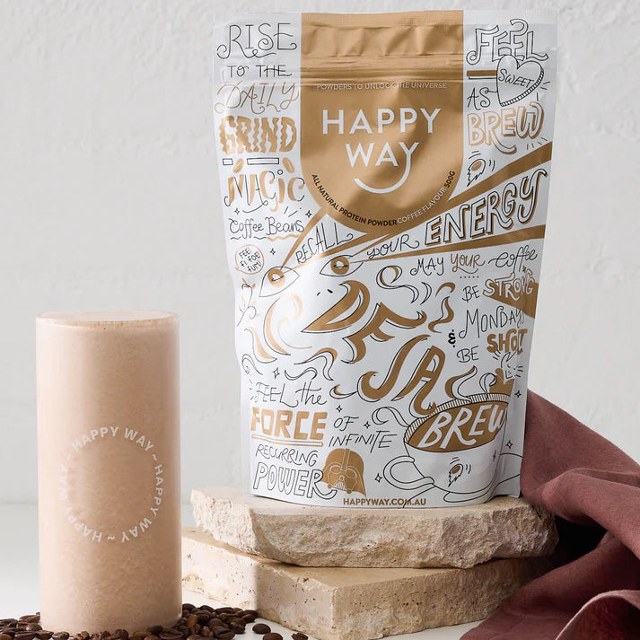Back of Happy Way Coffee Whey Protein 1kg bag showing storage instructions, warnings, and seller information.
