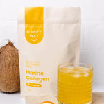 250g tub of Happy Way Tropical Marine Collagen Powder on a vibrant blue and orange background with tropical fruit.