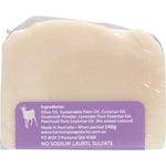 Harmony Soapworks Lavender and Patchouli Goat's Milk Soap 140g bar in a purple floral wrapper.