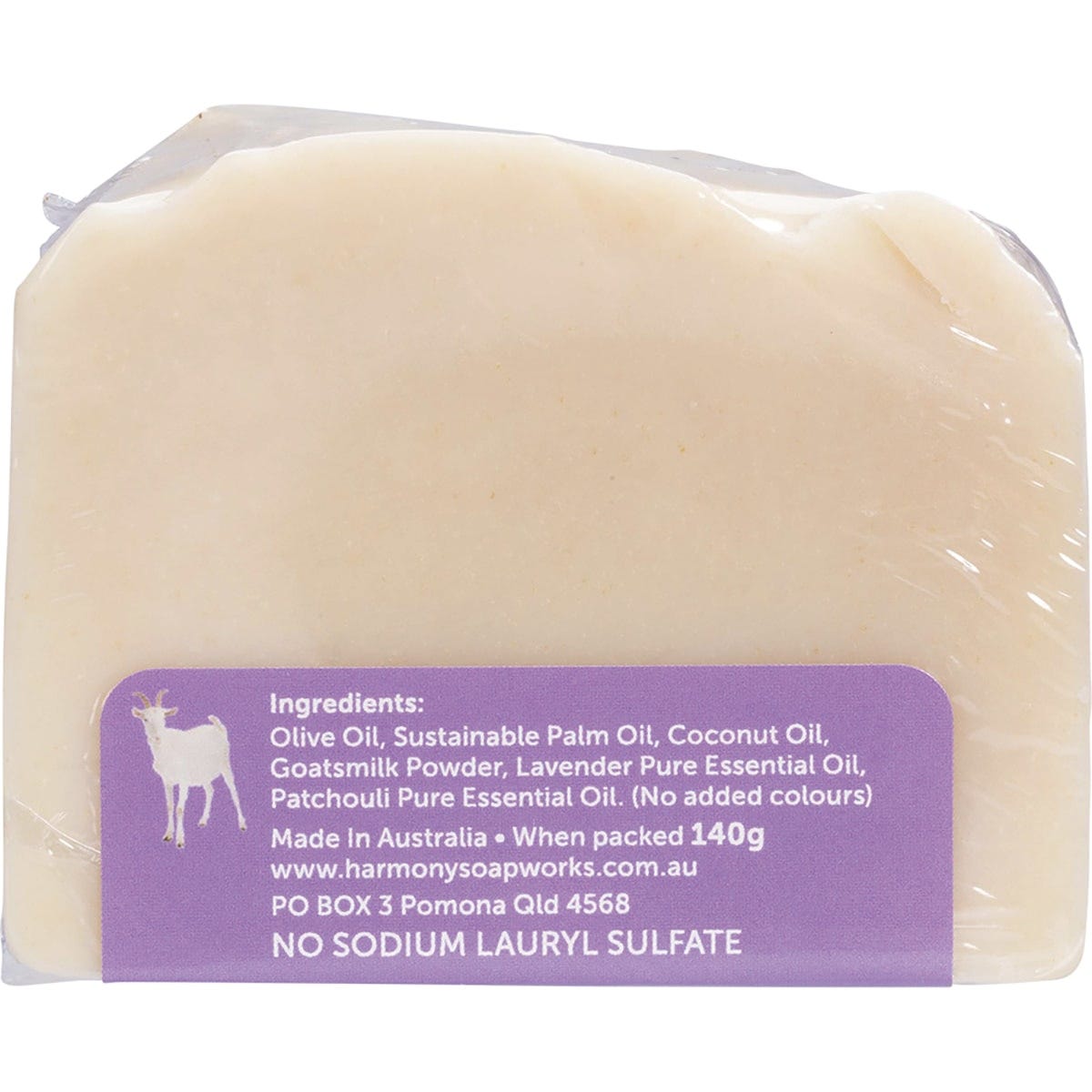 Harmony Soapworks Lavender and Patchouli Goat's Milk Soap 140g bar in a purple floral wrapper.