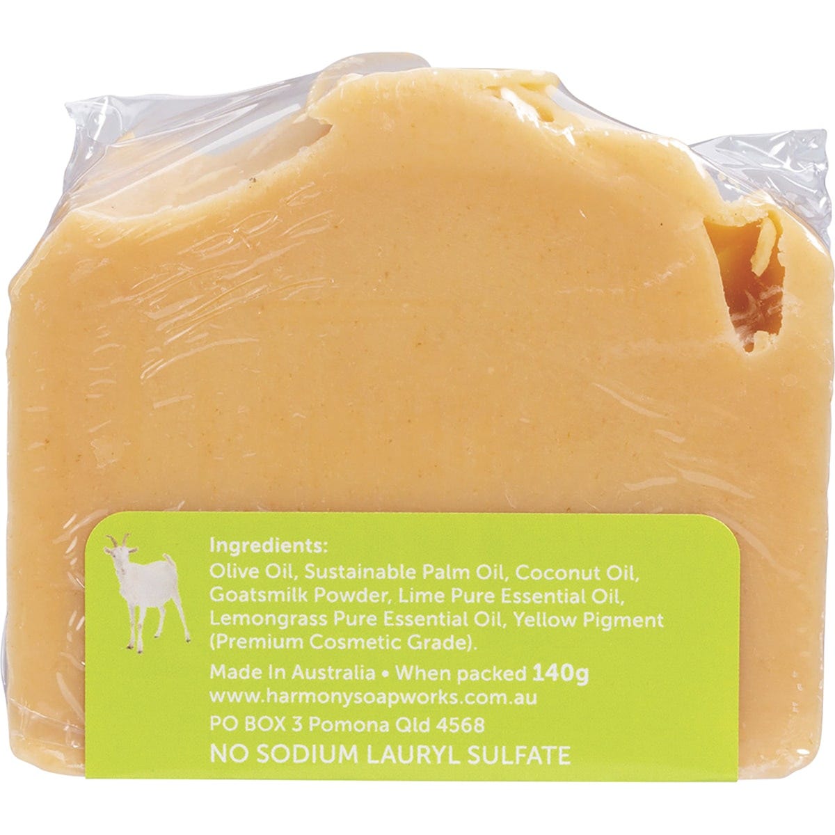 Lime and Lemongrass Goat's Milk Soap bar with a yellow botanical label on a plain white background.