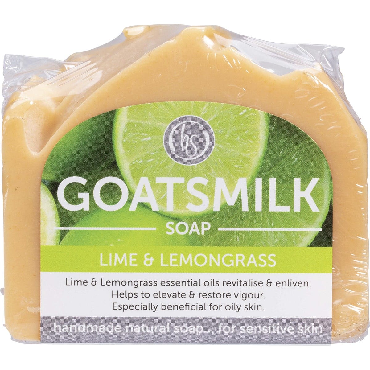 140g bar of Harmony Soapworks Lime and Lemongrass Goat's Milk Soap with essential oils and a yellow botanical label.