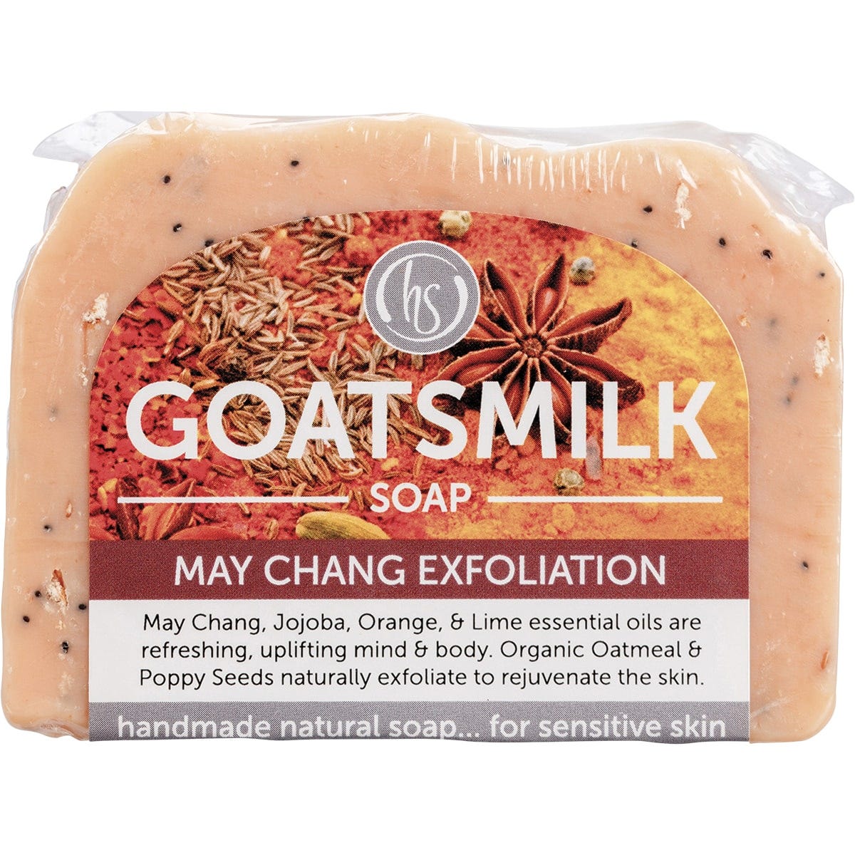 Handmade Harmony Soapworks May Chang Exfoliation 140g goat's milk soap bar with orange botanical labels.